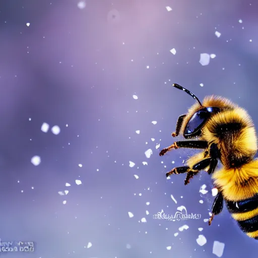 Image similar to a bee trying to reach a huge snowflake, there is winter everywhere, beautiful macro photography, ambient light