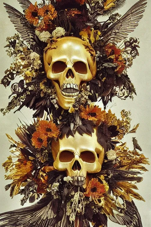 Prompt: A flying icarus reaching for the golden sun with a skull mask and golden wings as a Greek sculpture, quartz crystal skull, wreath of flowers and abstract eyes, bouquet of bones, many large flying monster eyes, silk, fabric, birds, flowers. baroque elements, human skull. full-length view. baroque element. intricate artwork by caravaggio. many many birds birds on background. Trending on artstation. halo. octane render, cinematic, hyper realism, octane render, 8k, depth of field, 3D