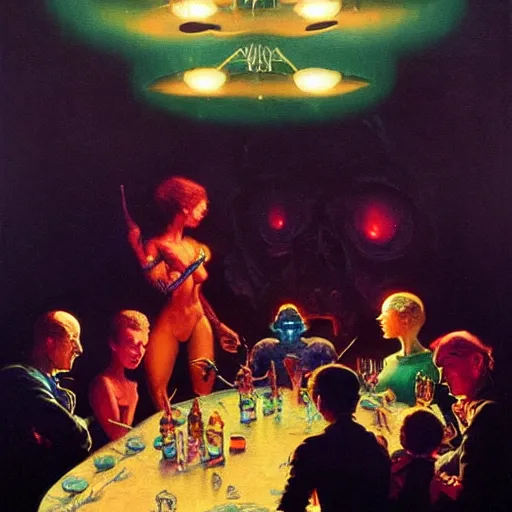 Prompt: a dark and colorful close - up of a sci - fi family dinner with led lights glowing fog in the background. highly detailed science fiction painting by norman rockwell, frank frazetta, and syd mead. rich colors, high contrast, gloomy atmosphere, dark background. trending on artstation