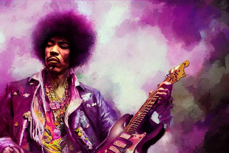 Image similar to jimi hendrix as a purple haze, soft, sharp focus, detailed, artwork by Tooth Wu and wlop and greg rutkowski