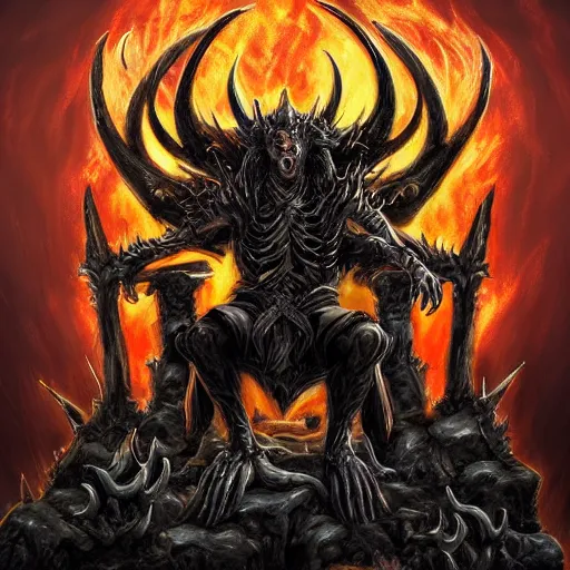 Prompt: demon lord on his throne of horns, bones and thorns | fantasy art | hellish