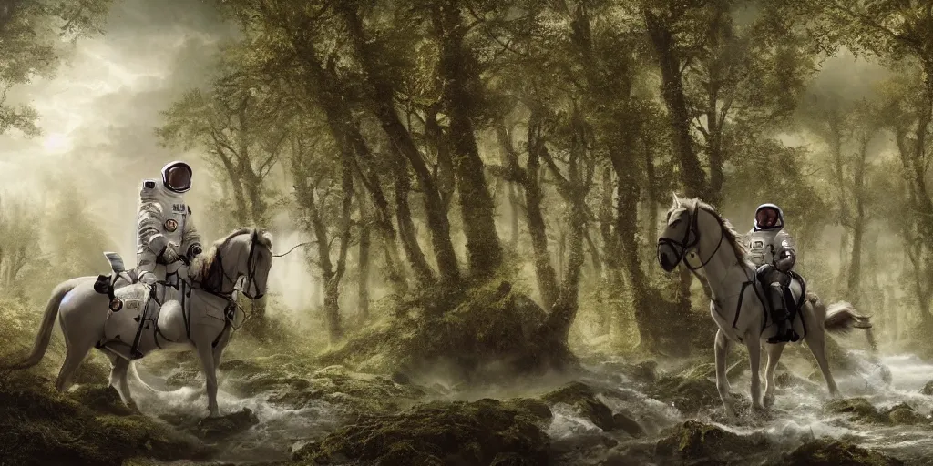 Prompt: an astronaut riding on the back of a white horse through a forest, crossing a river on a bridge, a detailed matte painting by frieke janssens, featured on cgsociety, fantasy art, matte painting, reimagined by industrial light and magic, matte drawing