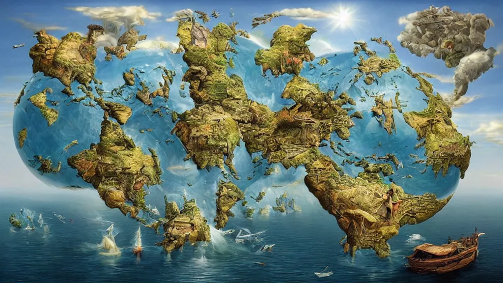 Image similar to surreal world map in the styles of igor morski, jim warren, and rob gonsalves, intricate, accurate geography, volumetric lighting, serene, imaginative