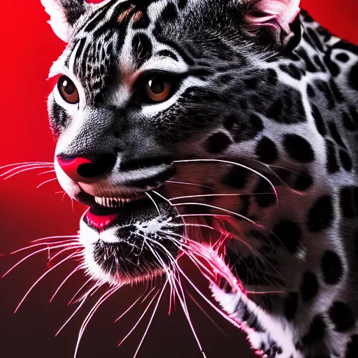 Prompt: profile shot of a black and red ocelot with black background, strong bokeh, dramatic, cinematic, high contrast, octane render, 4k