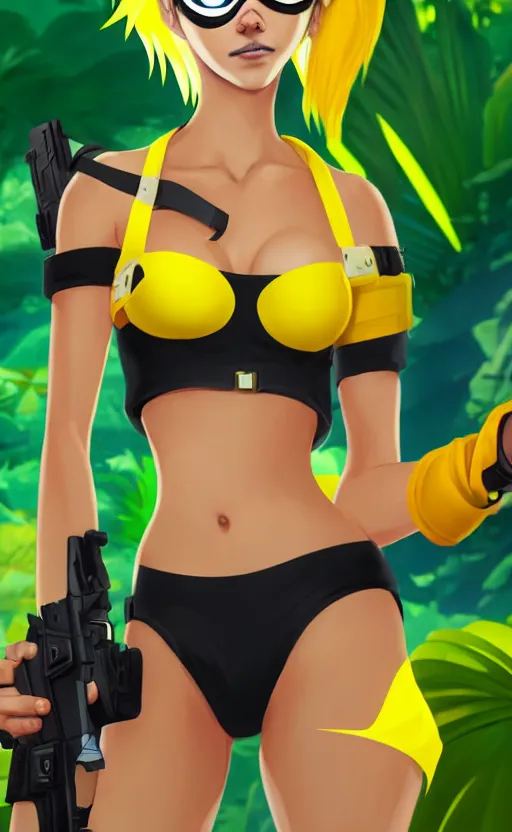 Image similar to tracer game character, in yellow bikini, blonde hair, black eyes, hands free, against the background of the jungle full height