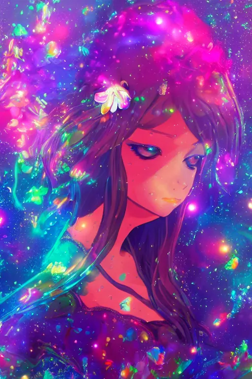 Prompt: psychedelic, whimsical, anime, 4k, beautiful intimate woman with professional makeup, long trippy hair, a crystal and flower dress, bathing in a reflective crystal lake, underneath the stars, rainbow fireflies, trending on patreon, deviantart, twitter, artstation, volumetric lighting, heavy contrast, art style of Ross Tran and Ilya Kuvshinov