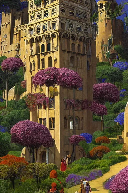 Image similar to painted tower of the moon in its gardens fairytale illustration, elaborate latticed balconies, tall windows, formal flower gardens, dramatic cinematic lighting, rich colors, golden age illustration, by Ludwig Deutsch and William Dyce and April Gornik and (Edmund Dulac and Nicholas Roerich),unreal engine