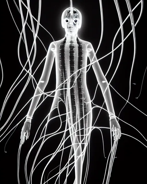 Image similar to black and white young female-cyborg-human-jellyfish-plant high quality photo, microchip, artificial intelligence, bio-mechanical bio-luminescence, black wired cables, neurons, nerve cells, octane render, cinematic, rim light, hyper realism, photo-realistic, high detail, 8k, masterpiece, high fashion, in the style of Dora Maar