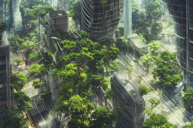 Image similar to futuristic city, lush vegetation, humid, early evening, diagonal view, geometric buildings, cloudy, beautiful, dull pastel colors, realistic, hyper detailed, octane render, trending on artstation by yoshitaka amano and makoto shinkai, studio ghibli style