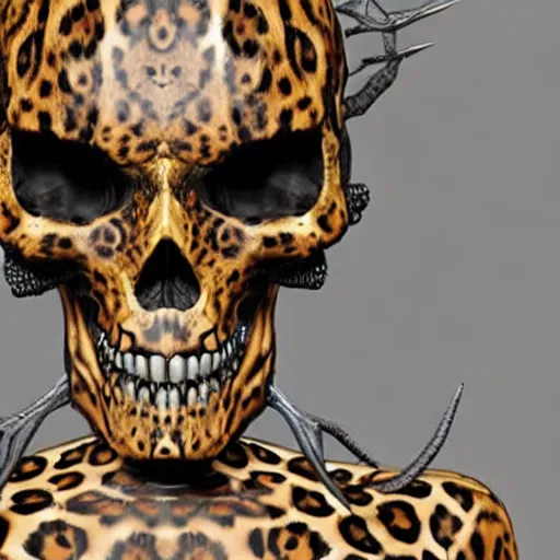 Prompt: Skull that look too much like skull!, an 8k CG character rendering of a spider-like hunting female on its back, fangs extended, wearing a leopard-patterned dress, set against a white background, with textured hair and skin.