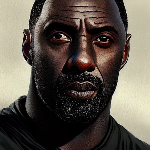 Image similar to “Portrait of Idris Elba by Greg Rutkowski, young, manly, attractive, strong, older brother vibes, highly detailed portrait, scifi, digital painting, artstation, concept art, smooth, sharp foccus ilustration, Artstation HQ”