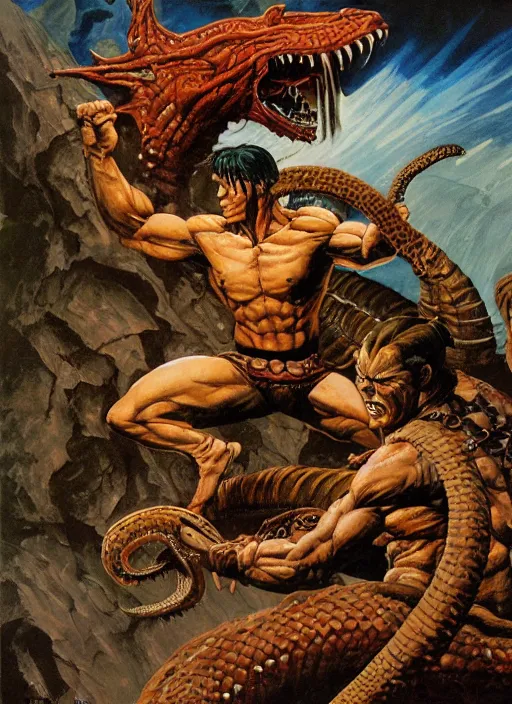 Image similar to a highly detailed symmetrical painting of conan fighting a mythical snake creature, dynamic lighting, ambient lighting, deviantart, art by frank frazetta and glenn fabry