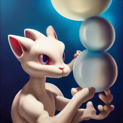 Image similar to cinematic portrait of cute Mew Mewtwo holding onto large blue bubble, oil on canvas, masterpiece, trending on artstation, featured on pixiv, cinematic composition, dramatic pose, beautiful lighting, sharp, details, hyper-detailed, HD, HDR, 4K, 8K