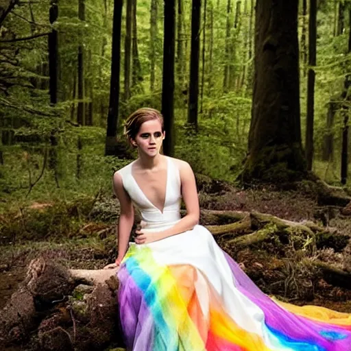 Image similar to photo of emma watson wearing a rainbow wedding gown sitting in a forest