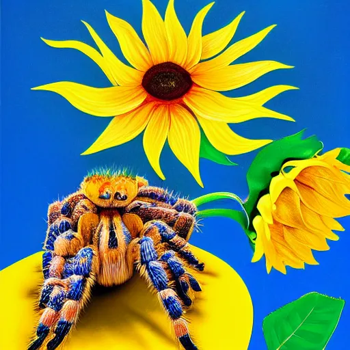 Prompt: still life of a foot, a tarantula, and a sunflower, blue background, dynamic composition, saturated colors