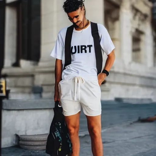 Image similar to person wearing'off - white'long t shirt and shorts with a different color stylish, hd, full body