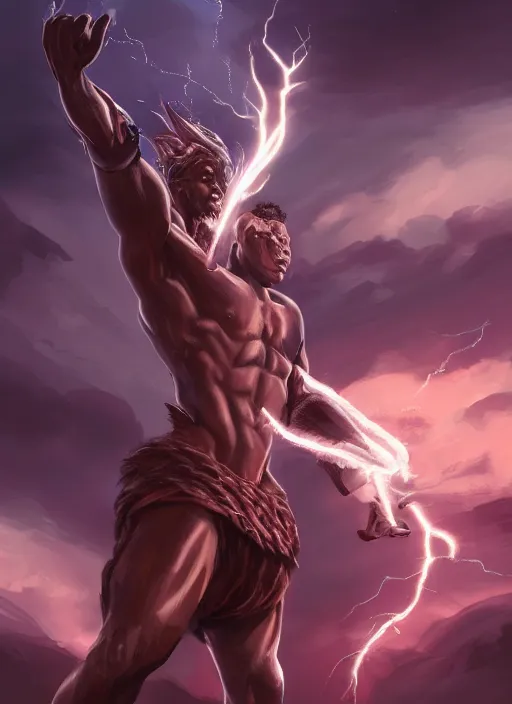 Image similar to a highly detailed illustration of short fade hair african god of lightning, evil summoning lightning from hands pose, moonlit clouds background, muscular, intricate, elegant, highly detailed, centered, digital painting, artstation, concept art, smooth, sharp focus, league of legends concept art, WLOP