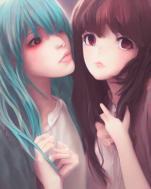 Image similar to portrait of two girls kissing, anime, drawn by WLOP, trending on Artstation