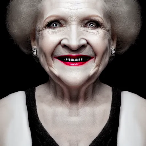 Prompt: symmetrical, close up face portrait of vampire betty white, evil grin, studio lighting, depth of field, photography, black and white, highly detailed