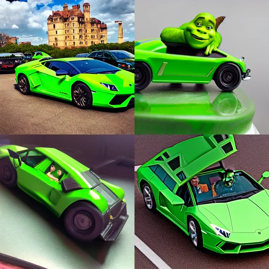 Prompt: shrek driving a green lamborghini