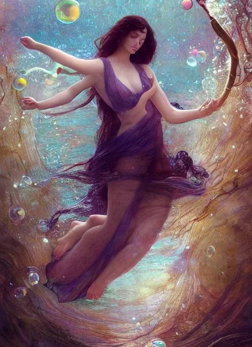 Image similar to hyper realist matte digital painting of a beautiful woman, beautiful face, underwater photography, full body, jugendstill, floating in water, flowing gown, bubbles rising, seaweed, headspace, fairytale, fantasy art, photo realistic, dynamic lighting, artstation, volumetric lighting, by mucha, by charlie bowater, by karol bak, by alma tadema