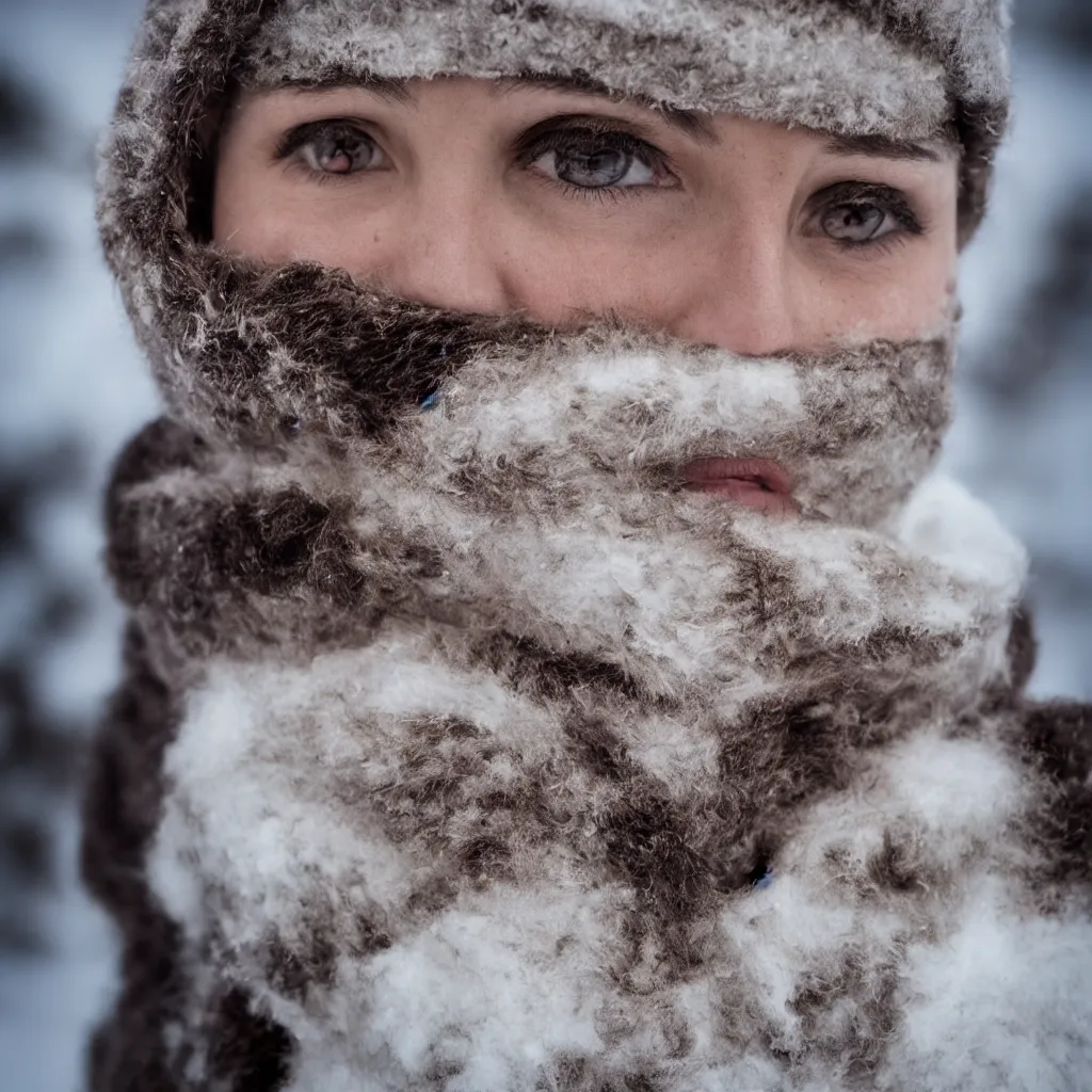Prompt: highly detailed portrait photography gaze of a mad face, wearing a fine velvet silk face cover, in winter, 105mm f2.8 at the north pole