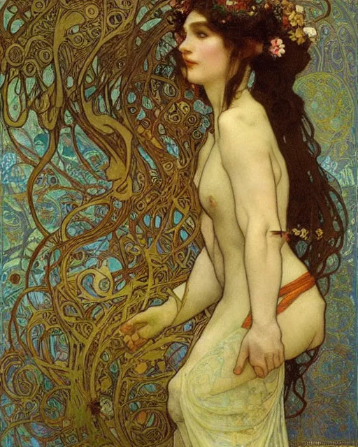 Image similar to an elf princess by Alphonse Mucha, Gustav Klimt and edgar maxence