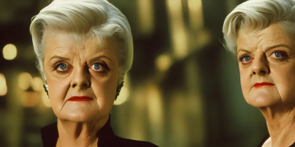 Prompt: Angela Lansbury as Neo in The Matrix, Cinestill, 4k