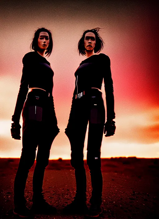 Image similar to cinestill 5 0 d photographic portrait of two loving female androids wearing rugged black techwear on a desolate plain with a red sky, extreme closeup, cyberpunk style, in front of a brutalist dark metal facility, dust storm, 8 k, hd, high resolution, 3 5 mm, f / 3 2, ultra realistic faces, ex machina