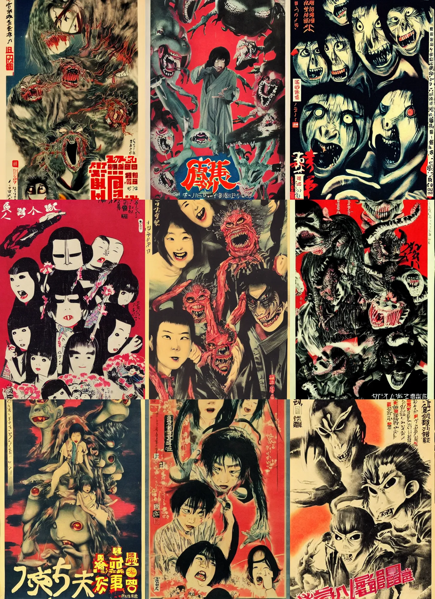 vintage japanese movie poster with mutated nightmarish | Stable Diffusion