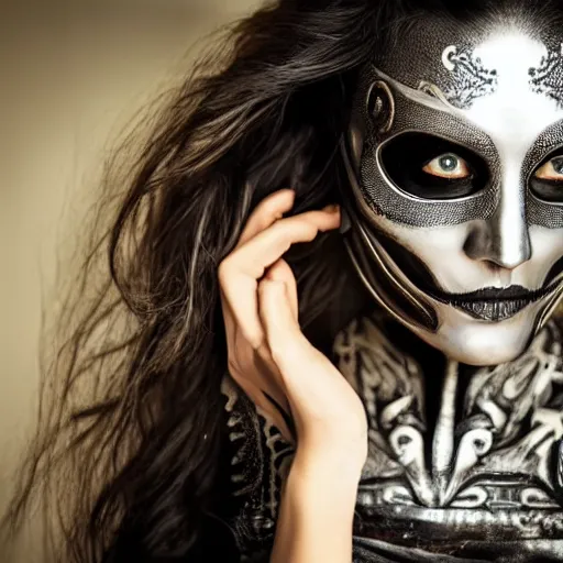 Prompt: A new dark hero for blockbuster movies. A beautiful woman wearing a silver skeletal mask, engraved with ancient detailed patterns. Attractive eyes. A fearless smile. Blurred background. Earrings.