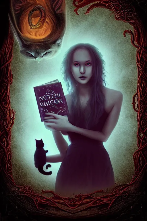 Image similar to romantic photo of bright girl, her cat and her book of necronomicon, symmetrical, cinematic, real dlsr photography, sharp focus, 4 k, ultra hd, sense of awe, sinister demonic atmosphere, dreadful, forbidden knowledge, old gods, cthulhu, yog - sothoth! yah, yah, yah! cultist journal cover