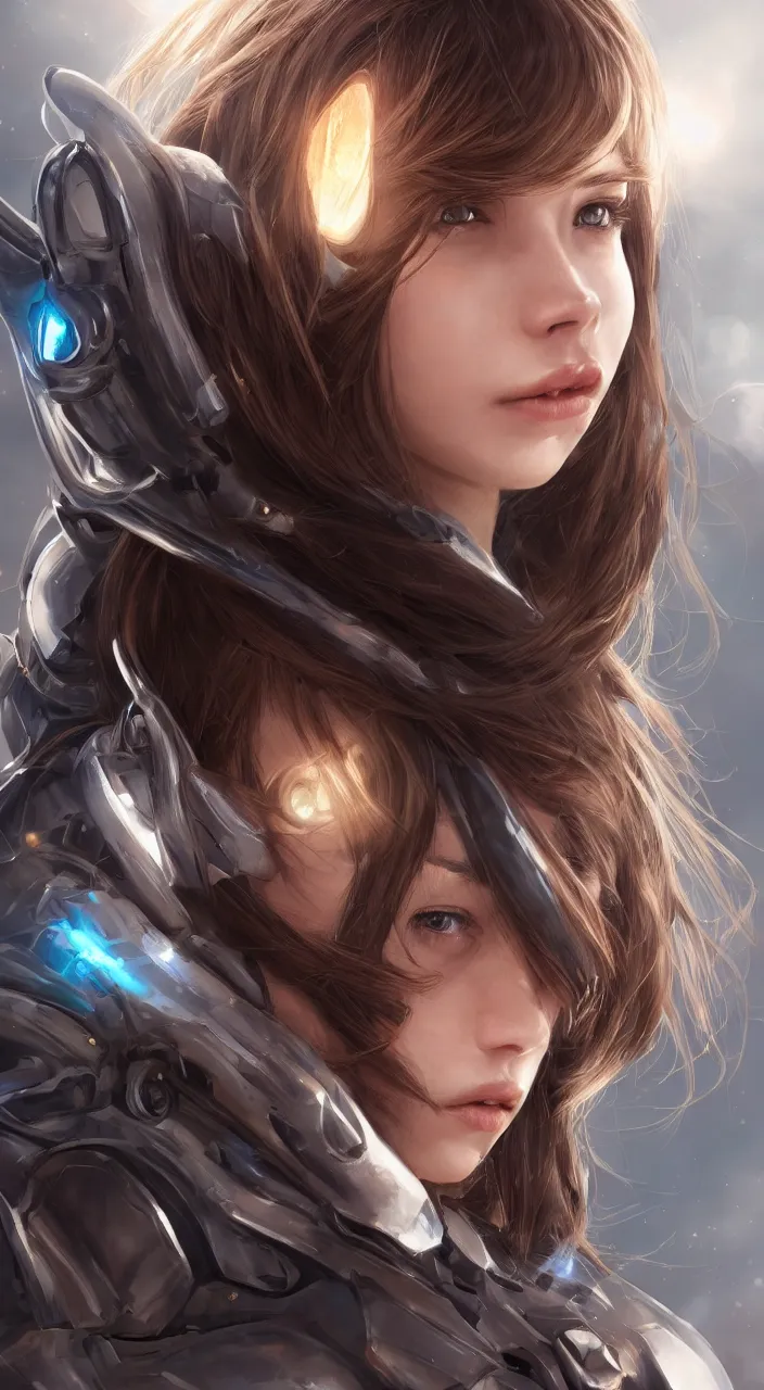 Image similar to detailed portrait of perfect brown haired girl, semi - android, tight armor, beautiful, pretty face, blue cyborg eyes, innocent, scifi, 4 k, sun yunjoo, ultra realistic, aura of light, cinematic lighting, highly detailed, sharp focus, artstation, masterpiece, art by hyungjin yang