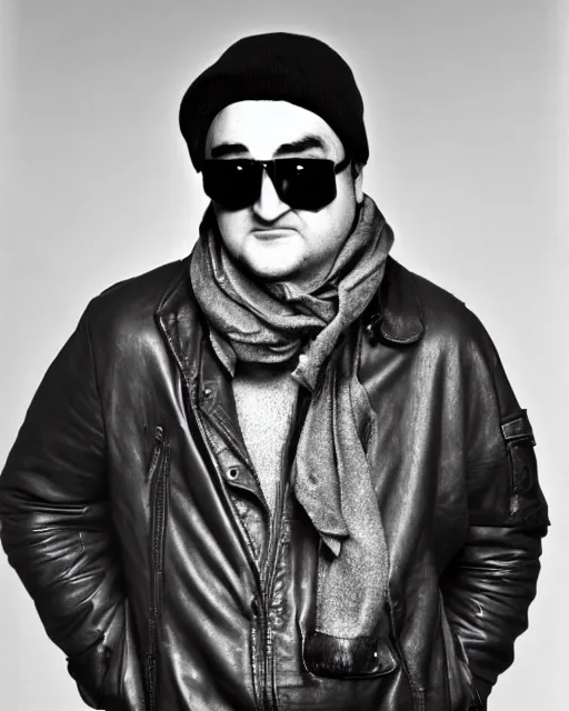 Prompt: headshot of a crazed john belushi wearing a leather bomber cap with aviator goggles, he is also wearing an a 2 flight jacket, a long white wool scarf is wrapped around his neck, he has a 5 o'clock shadow