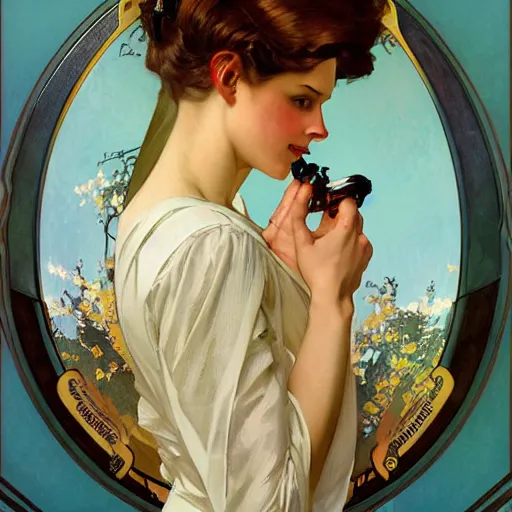 Image similar to portrait of beautiful woman by jc leyendecker, by norman rockwell, by alphonse mucha, by greg rutkowski