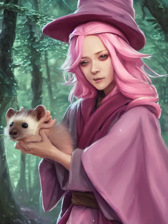 Prompt: picture of cute female wizard in the forest, ferret inspired robes and hat, pink hair, brown skin, energetic, high fantasy, highly detailed, detailed faces, smooth, sharp focus, chiaroscuro, digital painting, concept art, rossdraws and moebius and jon mcnaughton