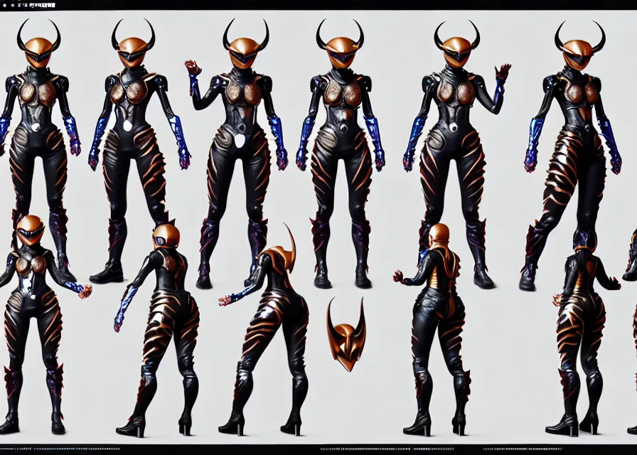Image similar to female kamen rider character concept art sprite sheet of abstract tiger concept, big belt, horns, human structure, concept art, hero action pose, human anatomy, intricate detail, hyperrealistic art and illustration by irakli nadar and alexandre ferra, unreal 5 engine highlly render, global illumination