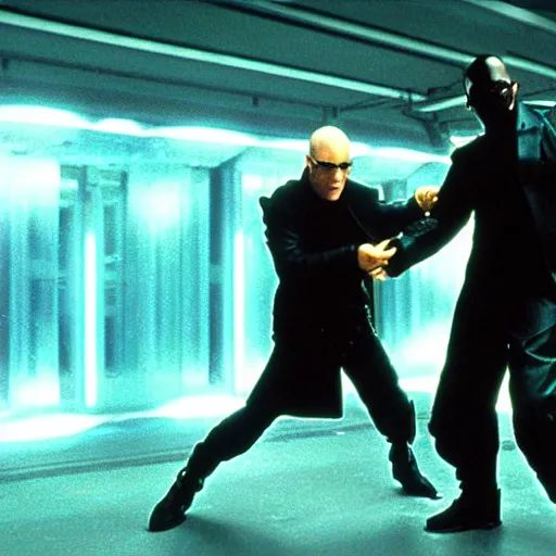 Image similar to Morpheus and Neo from The Matrix fighting the android from I, Robot, HD movie screenshot, promotional still, ultra high definition, detailed, 4k movie