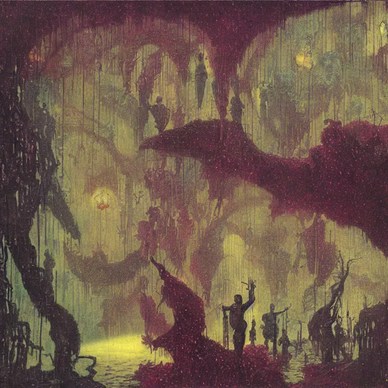 Image similar to a misty sunday morning in the underworld, by mordecai ardon and wayne barlowe (art nouveau diorama)