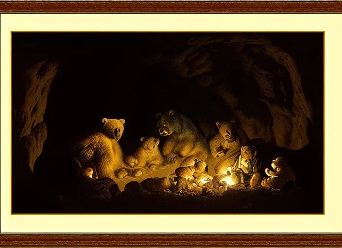 Image similar to Pieter Claesz's 'bear and her cubs sleeping in a dark cave lit by campfire', night time, cross hatching, framed