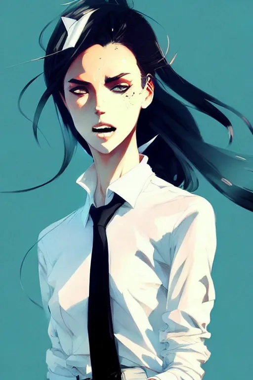 Image similar to a ultradetailed beautiful panting of a stylish woman, she is wearing a white shirt with a tie and black pants, by conrad roset, greg rutkowski and makoto shinkai trending on artstation