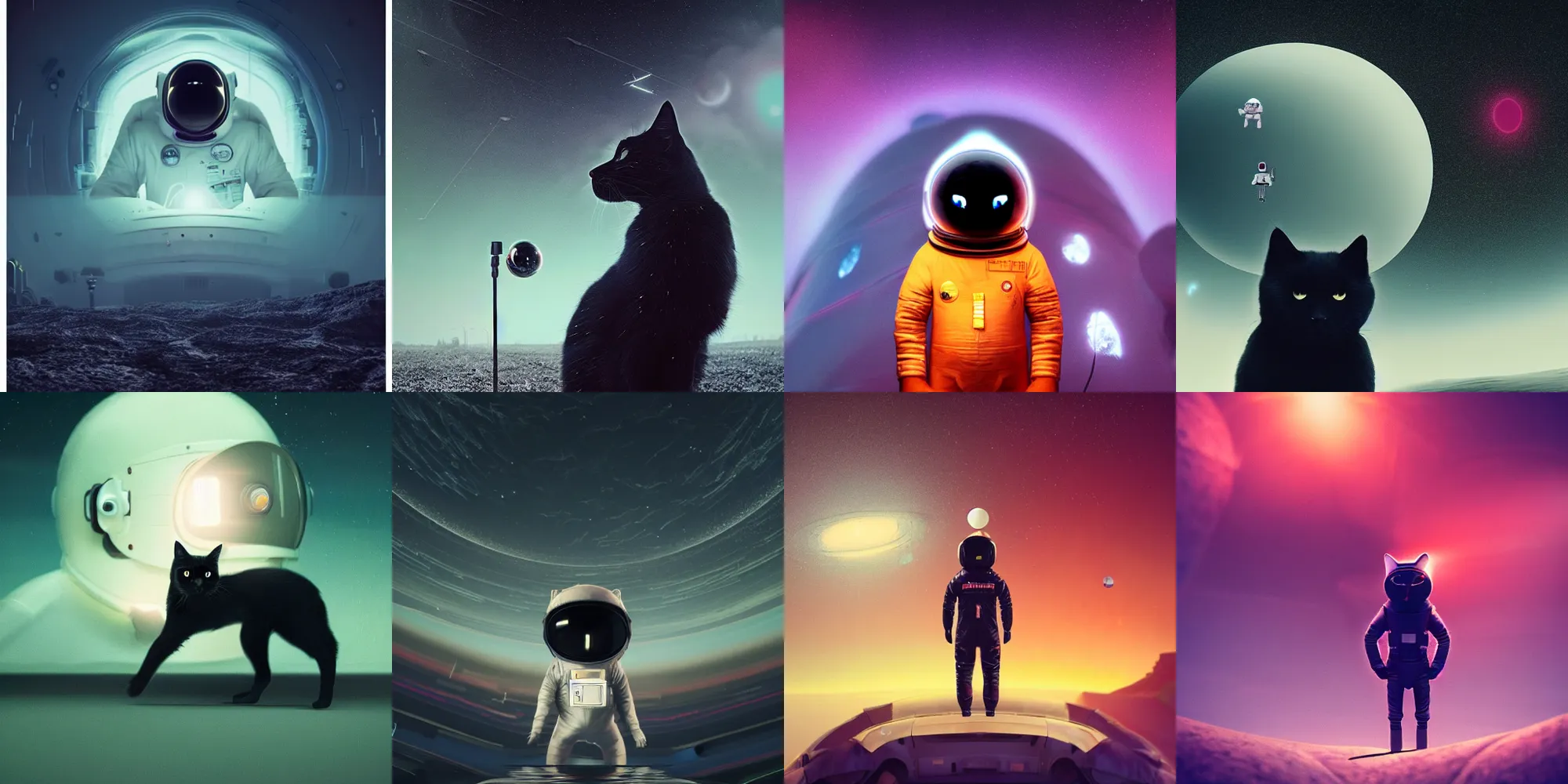 Image similar to beautiful dark landscape, a realistic black cat dressed as an astronaut, in the style of beeple and Mike Winkelmann, intricate, epic lighting, cinematic composition, hyper realistic, 8k resolution,