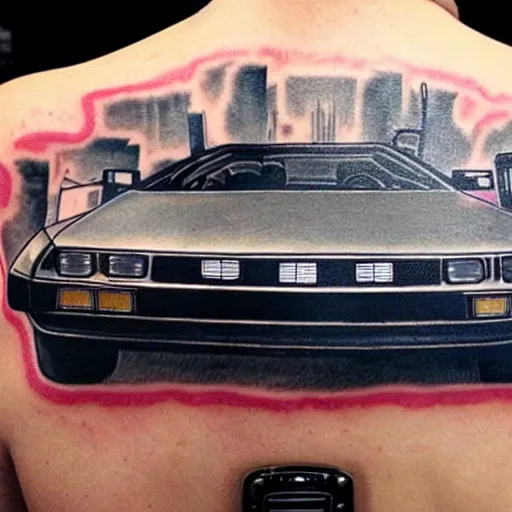 Image similar to a tatoo of delorean from back to the future,