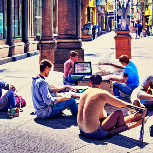 Image similar to a group of realistic bums using laptops near on street, highly detailed, intricate, sharp focus, digital art, 8 k