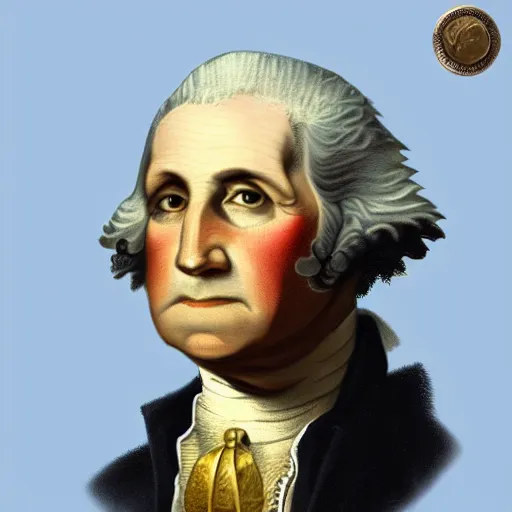 Image similar to a photorealistic colored pencil sketch of a distinguished George Washington wearing a gold chain around his neck with a small Doubloon coin attached as a necklace. This 4K HD image is Trending on Artstation, featured on Behance, well-rendered, extra crisp, features intricate detail and the style of Unreal Engine.