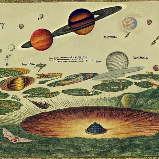 Image similar to spaceship convoy leaving the solar system through a wormhole, illustrated, artwork by Maria Sibylla Merian