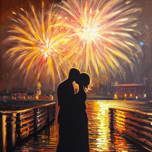 Image similar to an oil painting of couple kissing, in a background fireworks in venice