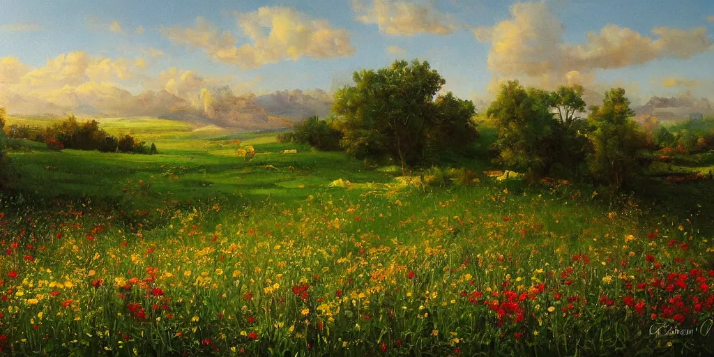 Image similar to a bright oil painting of a beautiful meadow; masterpiece; extremely-detailed; by Carravaggio