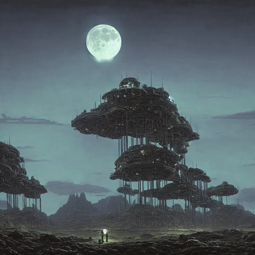 Prompt: a surreal and awe - inspiring science fiction landscape, moon in the sky looks like a skull, intricate, elegant, highly detailed matte painting by simon stalenhag and george bellows