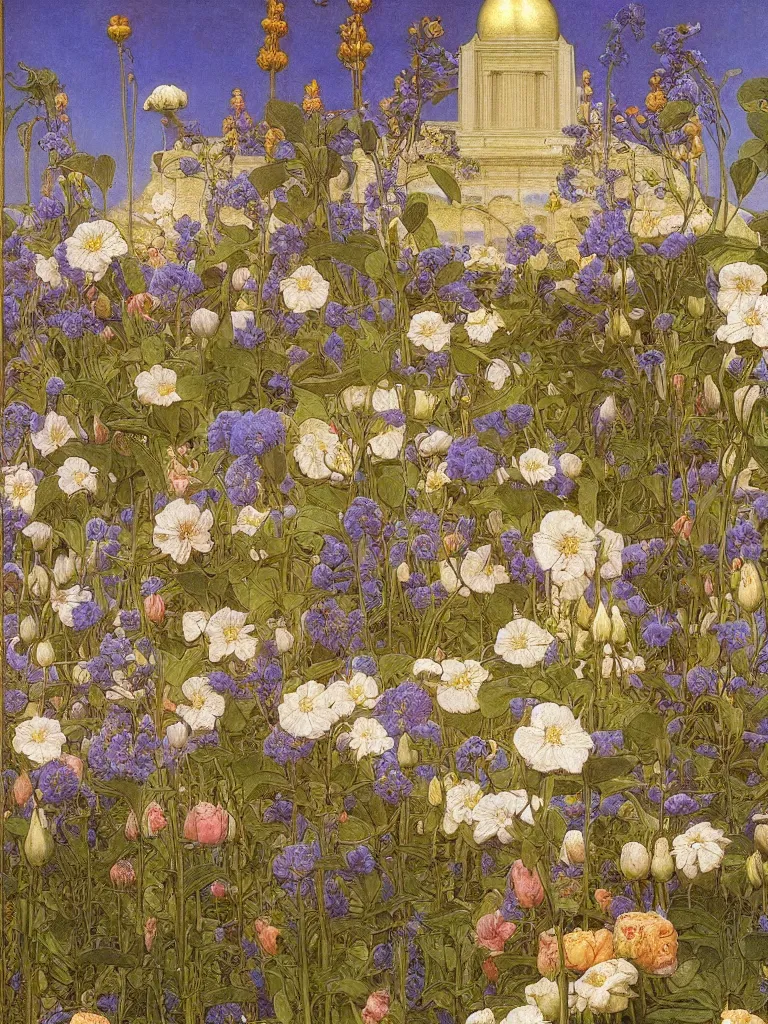 Prompt: the grand temple of flowers, by elihu vedder and thomas seddon, pre raphaelite, art nouveau, fantasy architecture, flowers